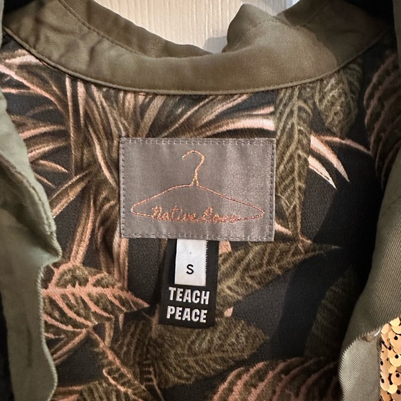 Anthropologie Olive Green Sequin Patch Army Button Down Shirt - Picture 3 of 10